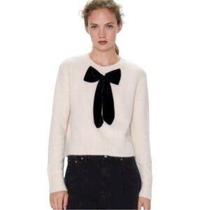 Zara Cream Sweater with Black Bow Accent